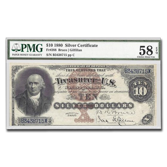1880 $10 Silver Certificate Robert Morris AU-58 EPQ PMG 1880 $10 Silver Certificate Robert Morris AU-58 EPQ PMG